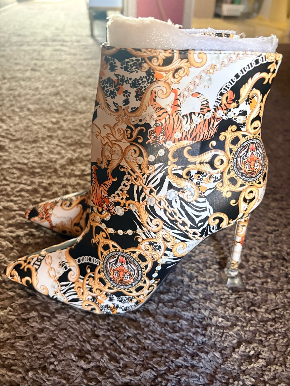 Anne Michelle Black, White and Gold Baroque Pointed Stiletto Ankle Boots
